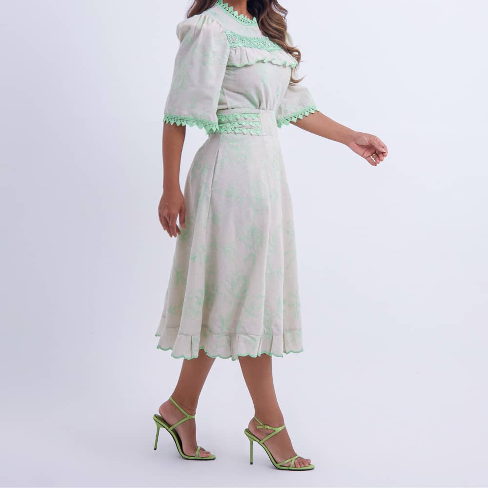 Conjunto Midi Off White com Bordado Verde Luana - FL01