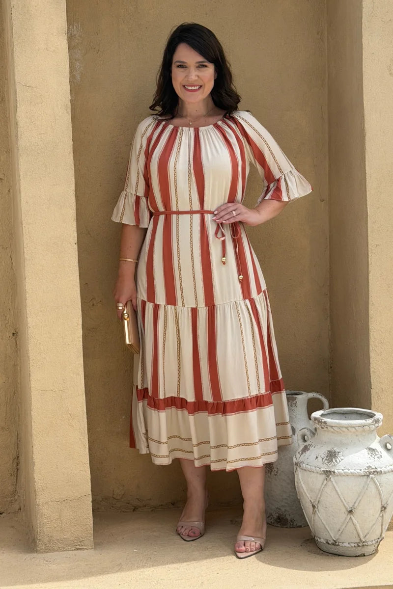 Vestido Marina Listrado Nude em Viscose