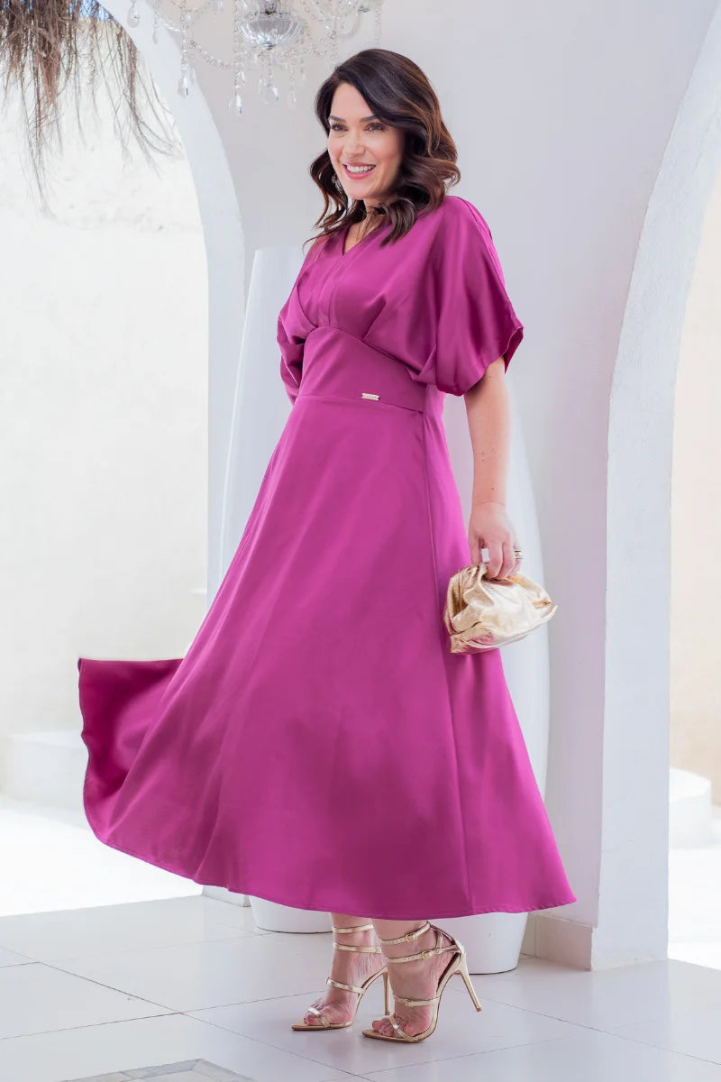 Vestido Midi Élise Fucsia em Crepe Acetinado