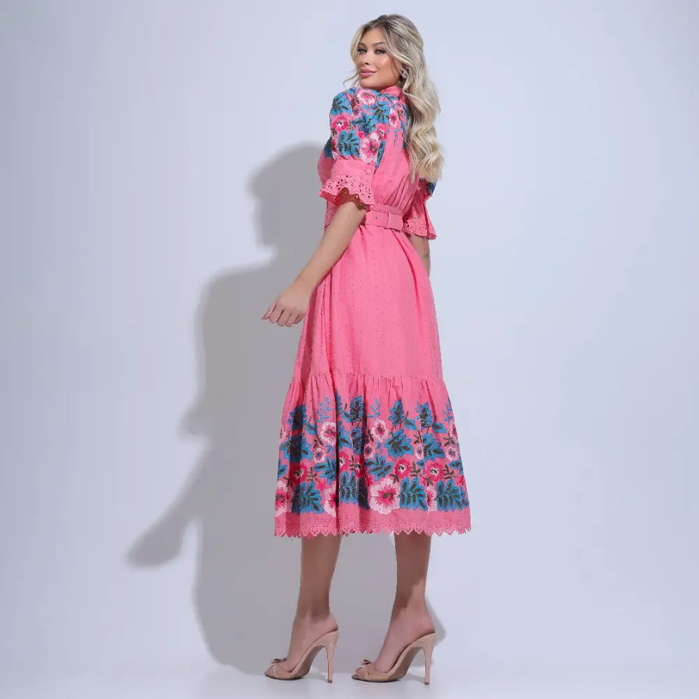 Vestido Feminino Rosa Midi Bordado Aurora - FL32