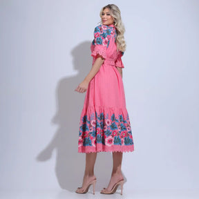 Vestido Feminino Rosa Midi Bordado Aurora - FL32